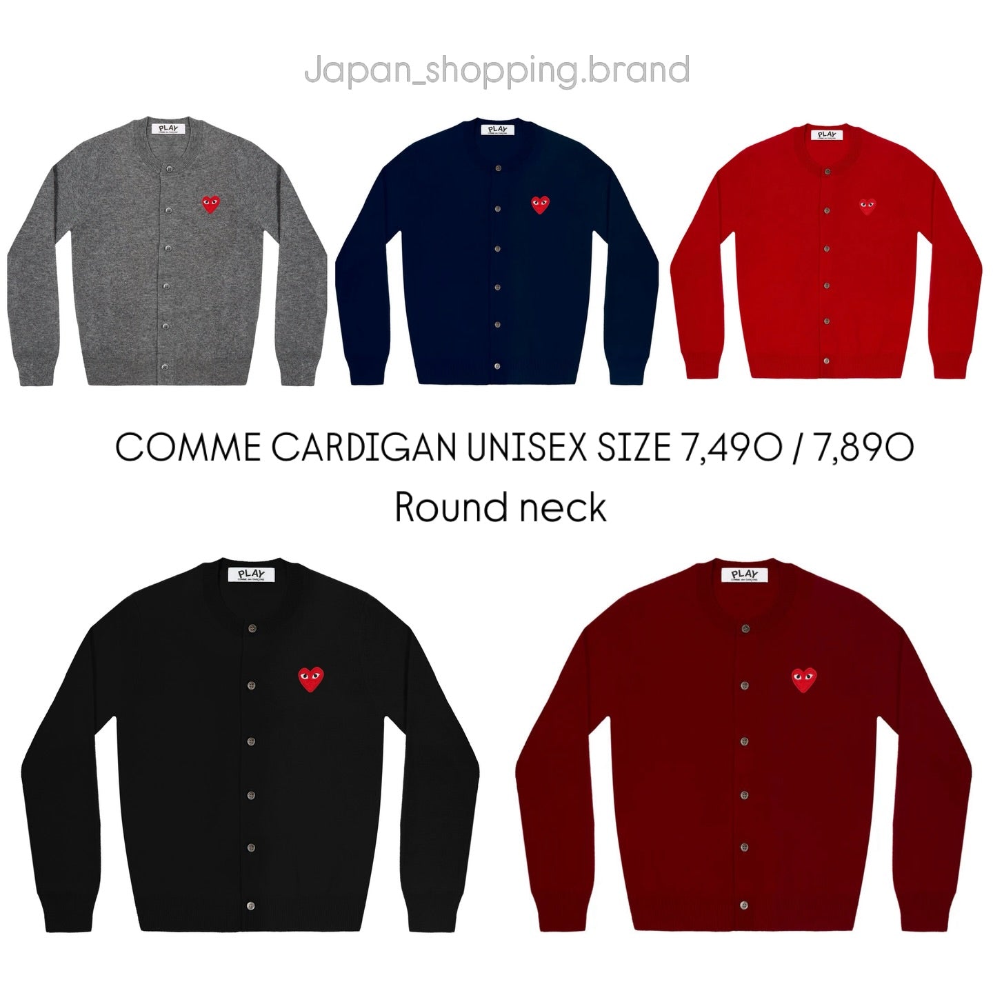 Various colors of COMME cardigan with heart logo in V neck and round neck styles