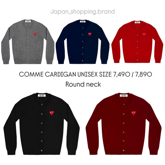 Various colors of COMME cardigan with heart logo in V neck and round neck styles